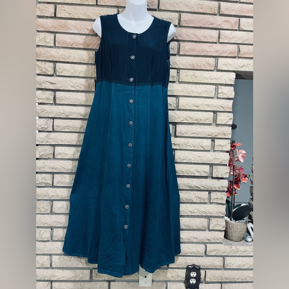 🩵🩷Vintage  Teal dress button front 90s Monique fashions 12 Petite sleeveless